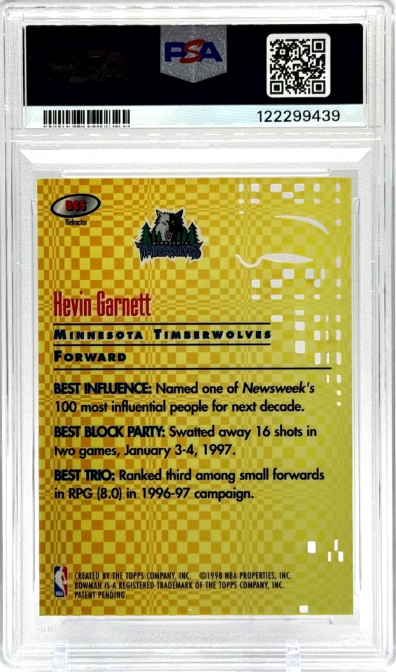 1997-98 Bowman's Best Cuts Kevin Garnett refractor PSA 9 como nuevo Timberwolves Foto 2 de 2