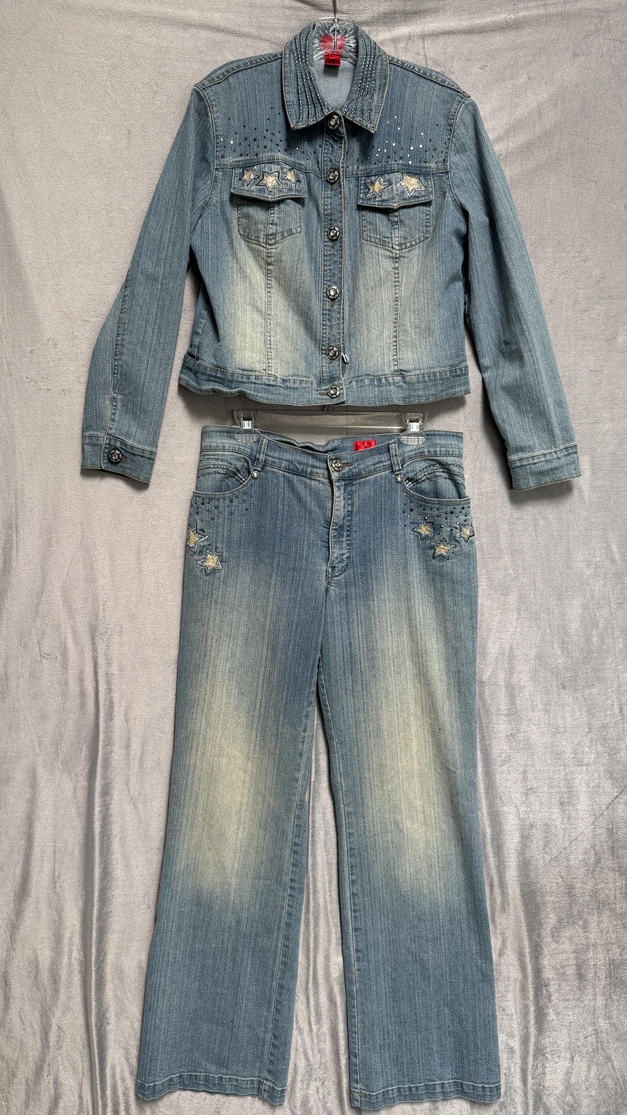 V Cristina Outfit Set Womens Large Blue Rhinestone Star Denim Jacket Jeans 2 Pc