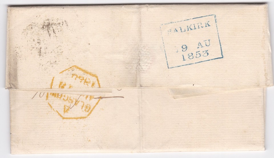 1853 QV 2d BLUE STAMP (FAULT) ON GLASGOW LETTER TO REDDING COLLIERY ...