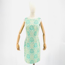 Vintage 90s Leslie Fay Mint Green Metallic Gold Baroque Brocade Cocktail Dress