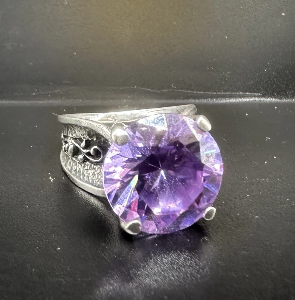 Sterling Amethyst CZ Ring Huge Round Size 5.75 VTG Silver 925 Handcrafted Israel - Image 2 of 4