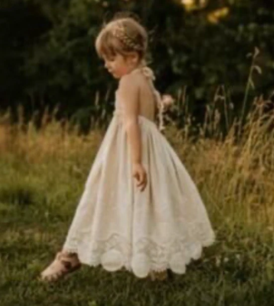 NWOT Elestory Mommy & Me Girls Boho Sundress Sz 6-7 Beige Crochet Eyelet Halter