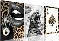 Black Leopard Wall Art, Preppy Cheetah Wall Decor Painting, Fashion Black Gir...