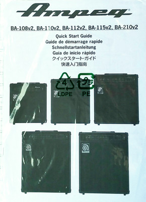 Ampeg BA-108v2 100v2 112v2 115v2 210v2 Bass Amp Quick Start Owner's Manual, NEW.