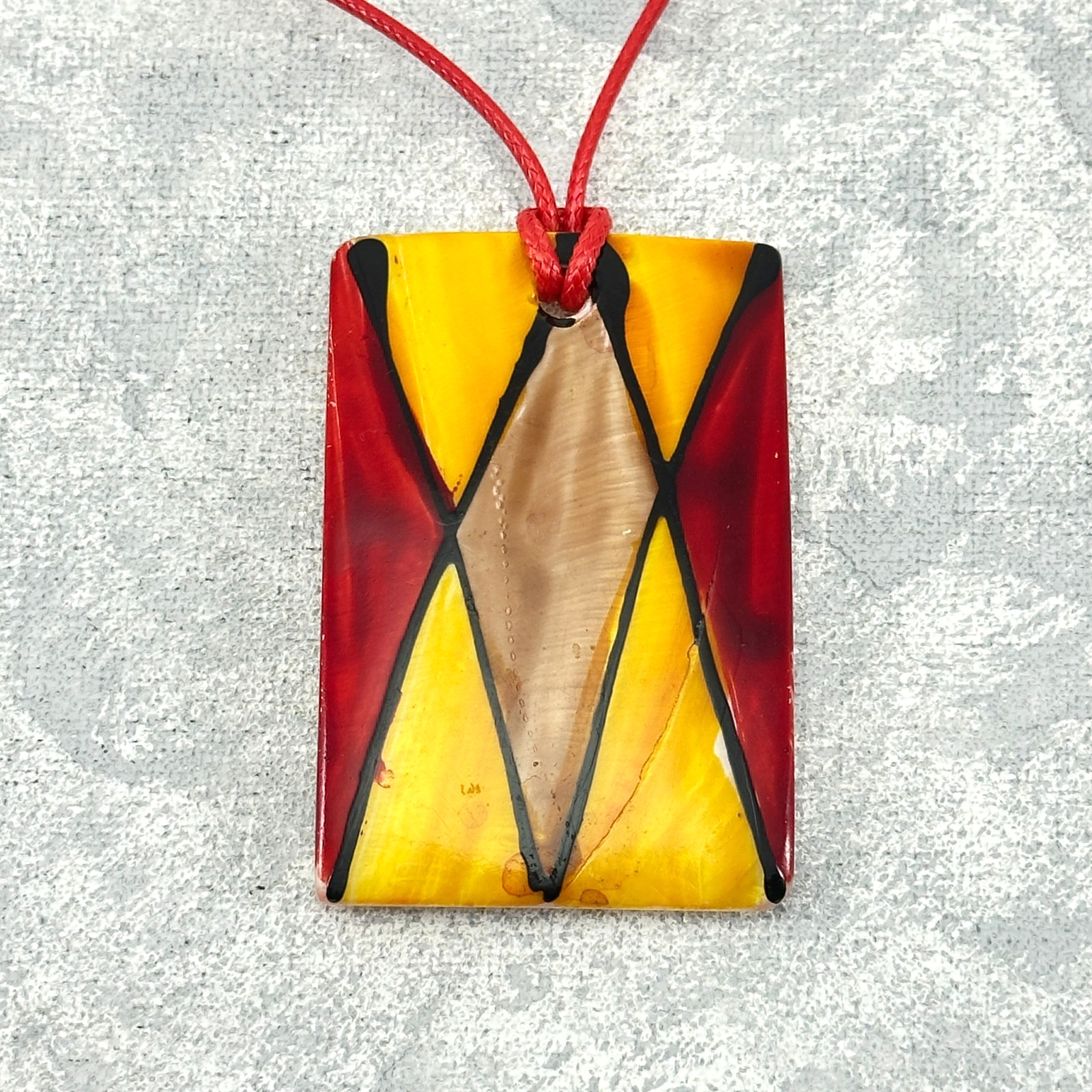Necklace Large Yellow Red Rectangular Painted Mot… - image 1