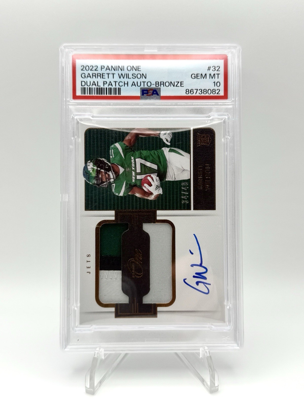 Garrett Wilson Panini One #32 Autograph Dual Patch Bronze
