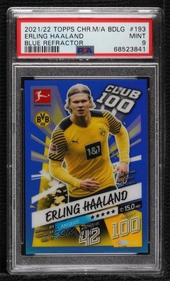 2021 Chrome Match Attax Bundesliga Blue Refractor Erling Haaland PSA 9 MINT 02v3