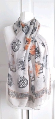 RoccoBarocco langer Seiden Chiffon Schal grau Logo Buchstaben Monogramm Muster 