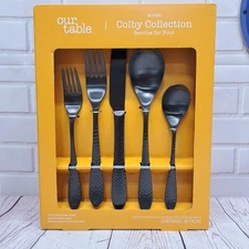 Our Table Colby Satin Black 20-Piece Flatware Set Hammered Look, Service For 4