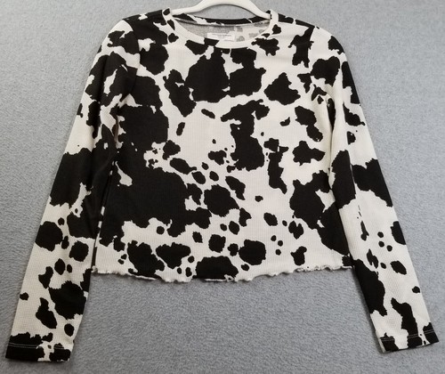 Top corto GRAYSON THREADS para mujer grande L negro blanco estampado de animales de vaca manga larga