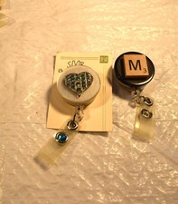 2 Decorative Retractable Badge Holder Reels Handcrafted Heart Letter M
