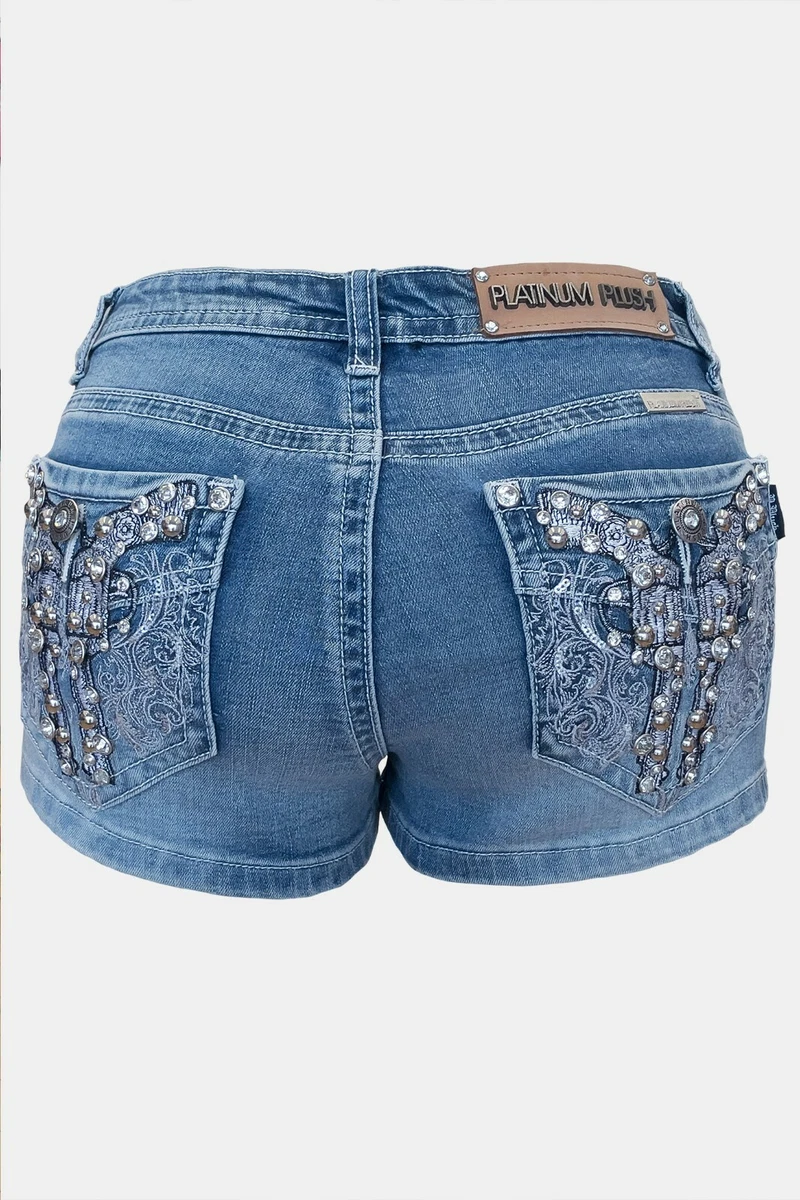 Women's Rhinestone Denim Shorts with Pistol/Gun Design on Back - HOT SELLER