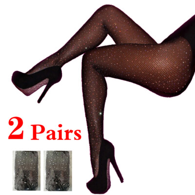 Cytherea 2 Pairs Women Elastic Stockings Sexy Rhinestone Fishnet Mesh Pantyhose