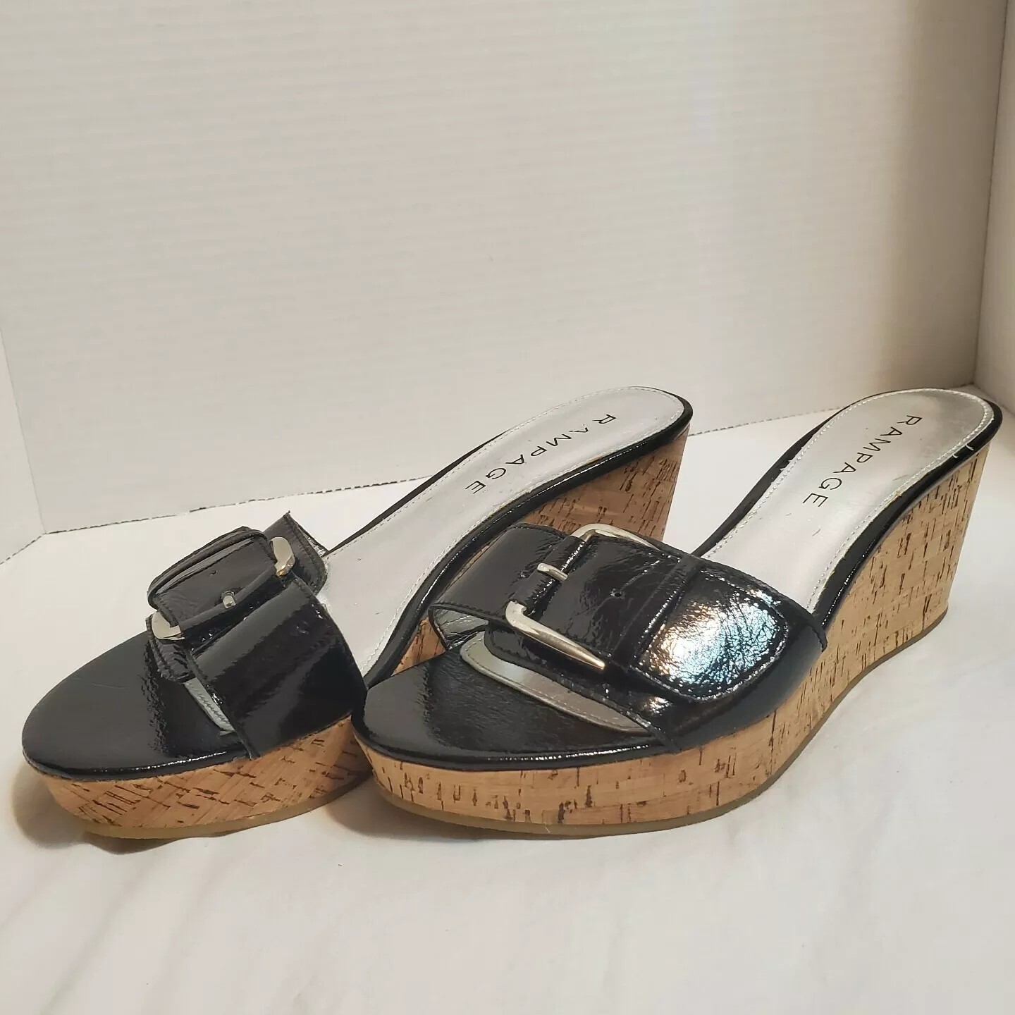 Rampage Black Buckle Cork Wedge Sandal Shoe Sz