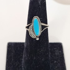 Vintage Navajo Polished turquoise leaf ring tests as silver 