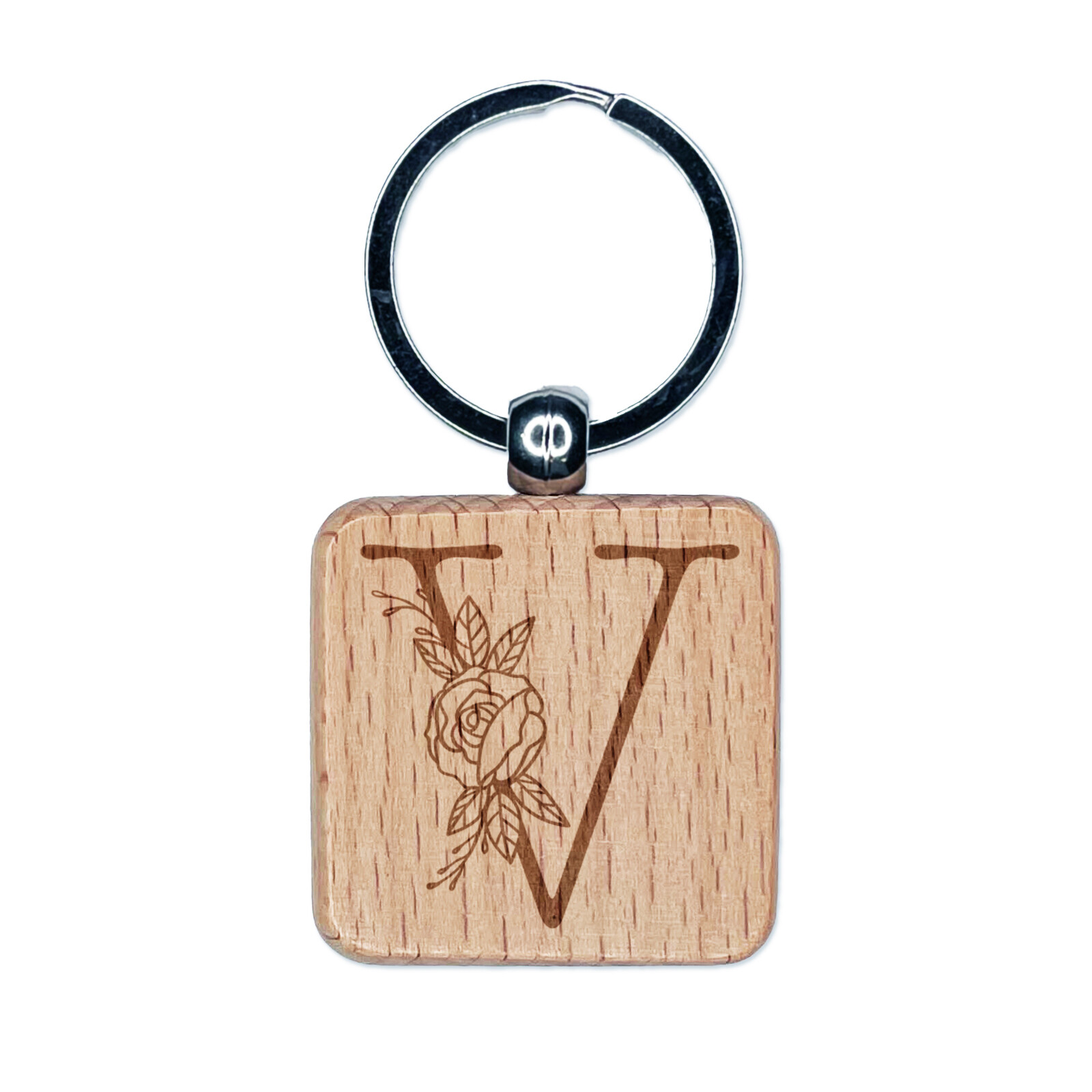 Rose Typewriter Font Capital Letter V Engraved Wood Square Keychain Tag Charm