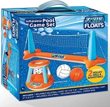 Inflatable Pool Float Set Volleyball Net and Basketball Hoops; Balls Included