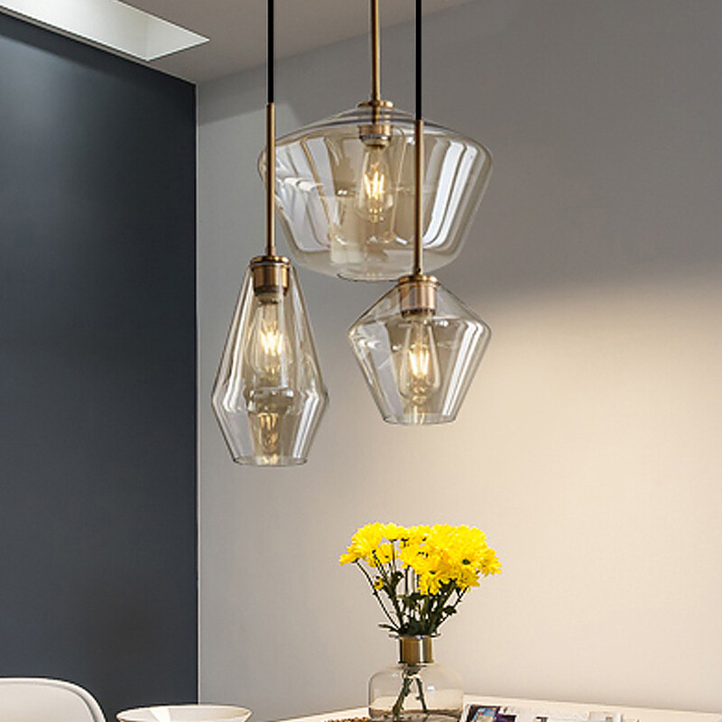 Champagne Gold 3-Light Cognac Glass Pendant Chandelier Ceiling Fixture