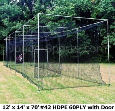 Jones-Sports 12' x 14' x 70' Batting Cage Net w/ Door #42 HDPE 60-Ply Heavy-Duty