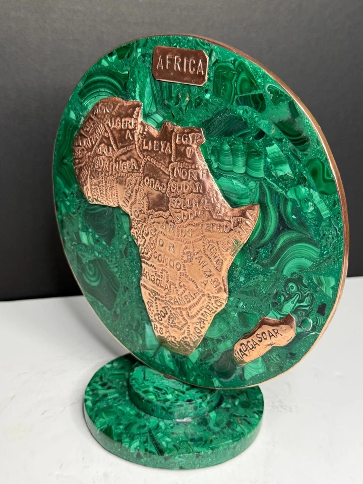 Exquisita Placa Vintage Malaquita y Cobre Continente Africano 10" Diámetro Foto 3 de 4