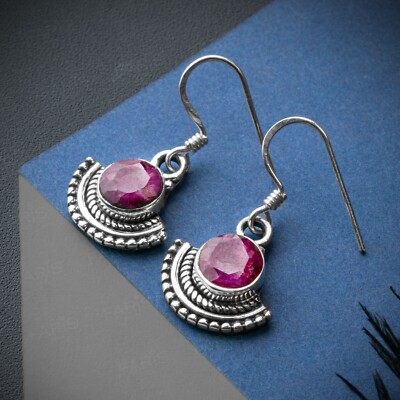 925 Sterlingsilber Rundschliff roter Rubin Edelstein Ohrhänger Damen Fächer Ohrringe