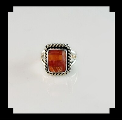 Handcrafted  Sterling and Inlay Spiny Oyster Ring Size 5