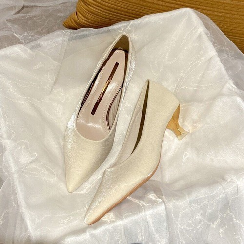 Women French Pointed Toe Pumps Mid Kitten Heel Slip On Shoes Party Dress - Bild 19 von 20