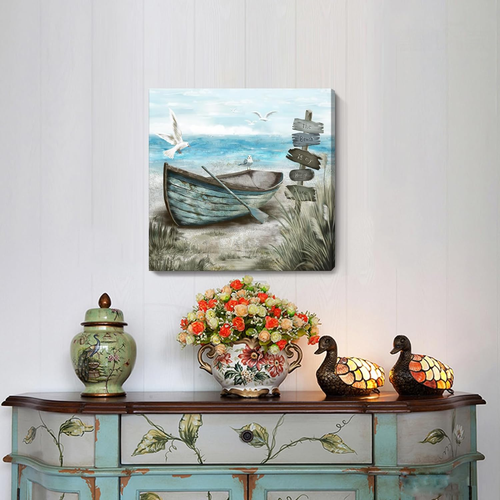 Bathroom Wall Art Coastal Décor Nautical Boat on Beach Canvas Picture Ocean Seag - Picture 2 of 12