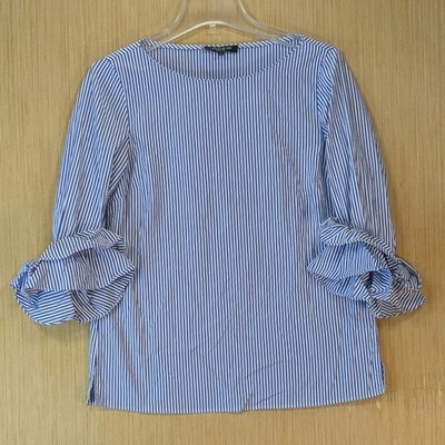Lafayette 148 New York Preppy Nautical Striped Ruffle Sleeve Top Size Small Blue