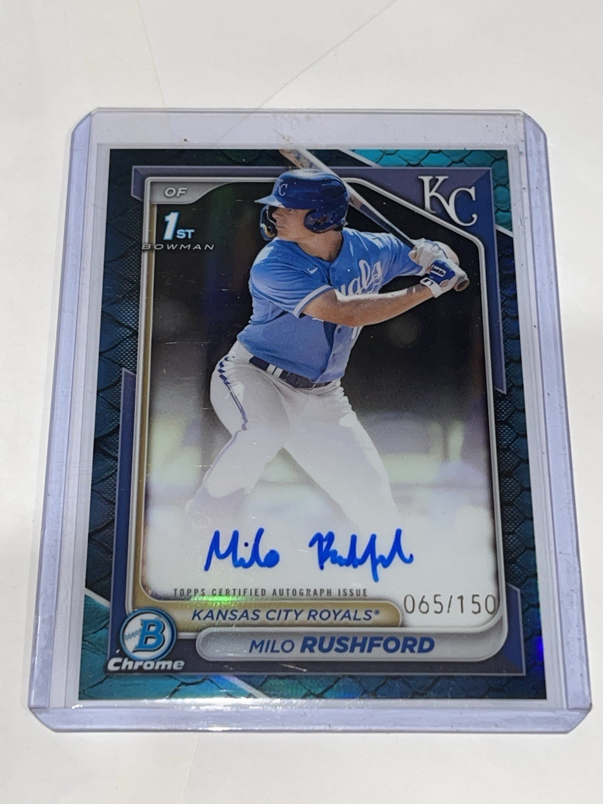 2024 Bowman Chrome MILO RUSHFORD 1st Blue Reptilian Refractor Auto On Card /150
