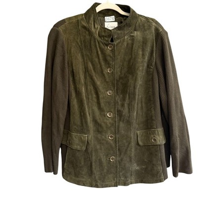 Vintage Linea Suede Jacket Women's Plus 24W Green Button Up Ribbed Knit Sleeves