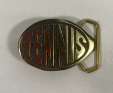 Tennis Racket 1970s Vintage Belt Buckle Spell Out Player Gift Brass Made in USA