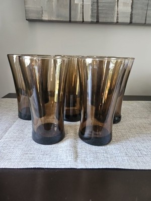 Anchor Hocking Linden Tawny Mocha Brown Set of 8 Glass Tumblers 17 oz VTG 70 s