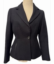 Prada Women Wool Blazer Jacket Black Leather Trim Size S