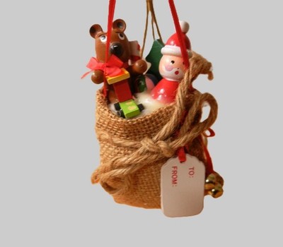 Kurt Adler 1991 Wood Toys in Santa's Burlap Bag Christmas Ornament