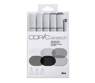 New COPIC Sketch 6 Marker Set Sketching Grays: N0, N2, N4, N6, N8, .5 Multiliner