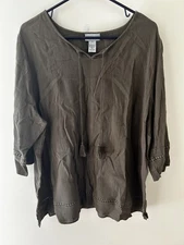 Catherine's Womens 2X Green Peasant Blouse Top Cotton Boho Crinkle Lagenlook