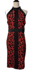 New York & Co Women's XL Petite Leopard Lace Red Black Choker Dress Office Siren