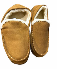 Women  s Brown Suede Moccasin Slippers Faux Fur Lined Rubber Sole Size 8