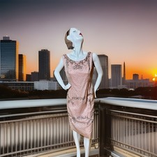 Vintage 1960s Pink With Silver Beading Sleeveless Shift Mod Party Dress 