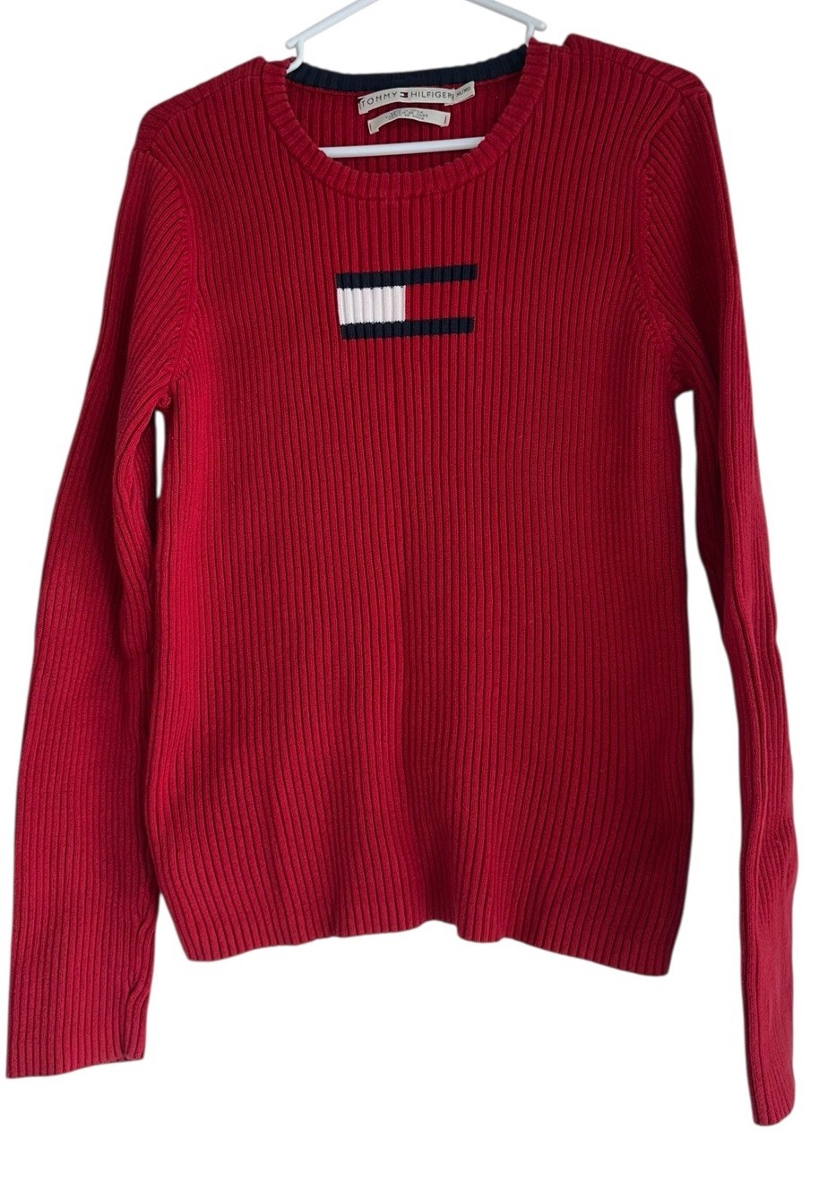 Vintage Y2K Tommy Hilfiger Womens Ribbed Sweater Sz XL Red Large Logo