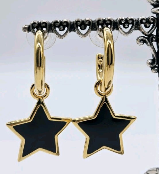 Monet Earrings STAR Charm Gold Tone Hoop 2 in Dangle Drop Vintage Pierced