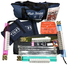 Mahjong Full Set 4 Racks 4 Pushers 166 Standard Resin Tiles Mah Jongg 5 Bags BLU