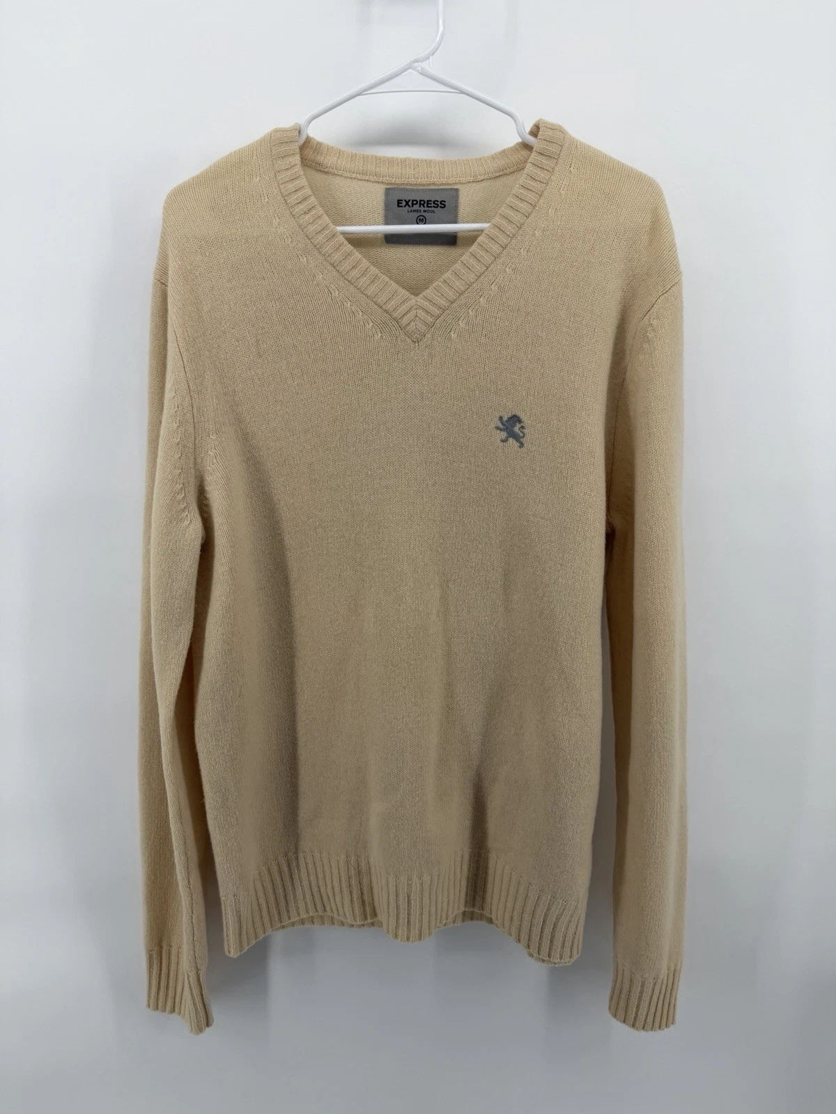 Express Lambs Wool Sweater Men M Light Butter Yellow V-Neck Logo Y2K Classy Cozy