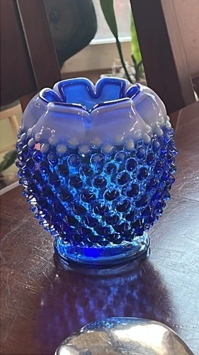 Fenton Cobalt Blue Opalescent Glass Hobnail Rose Bowl Vase 4 “ Tall Pristine