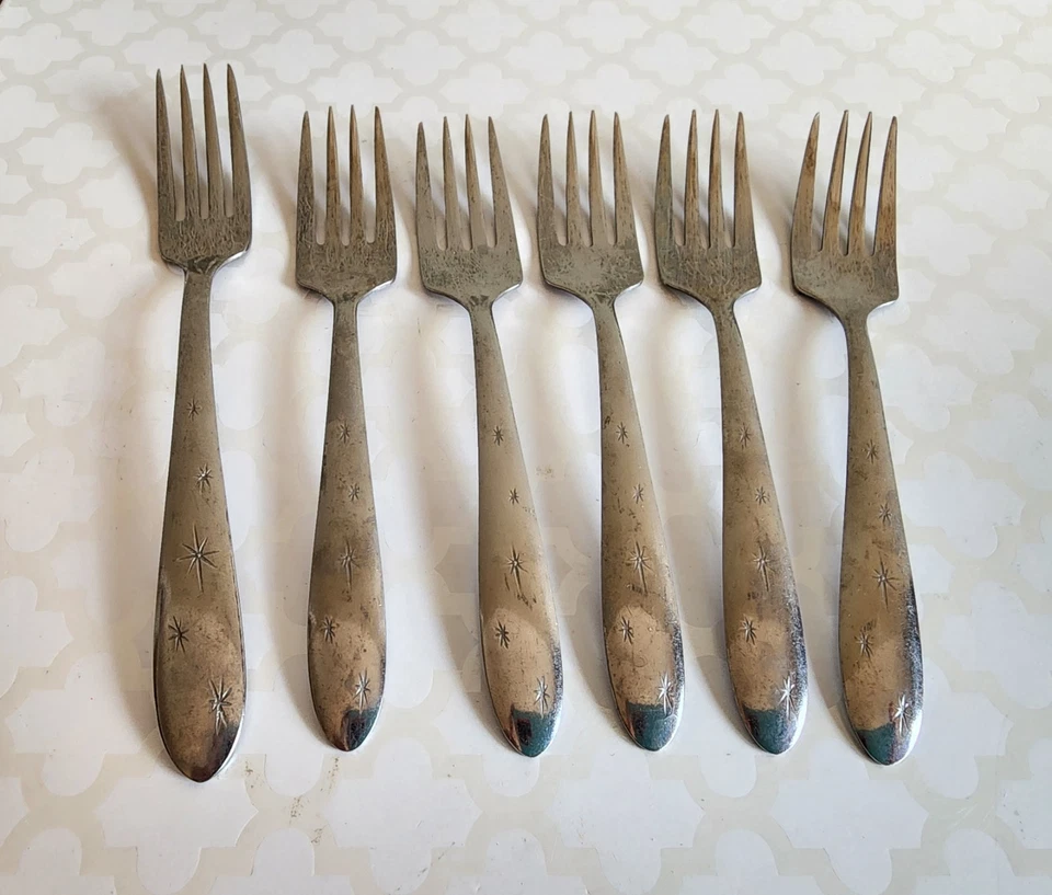 Lote de tenedores de ensalada de cena de acero inoxidable MAR-CREST de colección Atomic Starburst MCM Foto 3 de 4