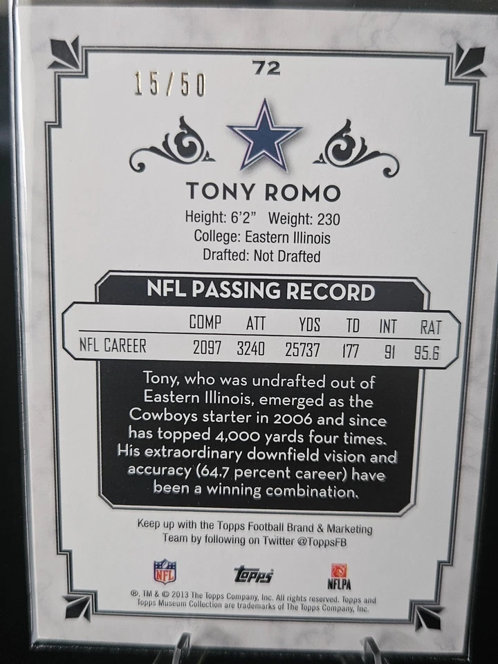 2013 Topps Museum Collection Ruby /50 Tony Romo #72 Cowboys - Image 2 of 2