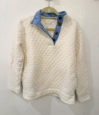 Southern Tide CeeJ Women s M Quilted Henley Pullover Sweatshirt White/Blue