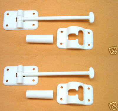 RV Camper Door Catch Latch Holders T-Style with Door Stops, White - Pack of 2