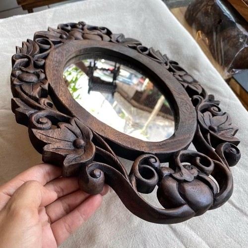 Wood Hand Carved Mirror with Frame Vintage Style Wall Home Art Decor Oval shape - Picture 2 of 10